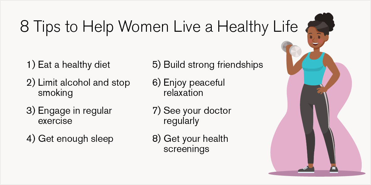 8 tips for women to live healthy lives graphic