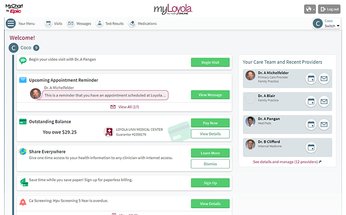 Screenshot of myLoyola home page