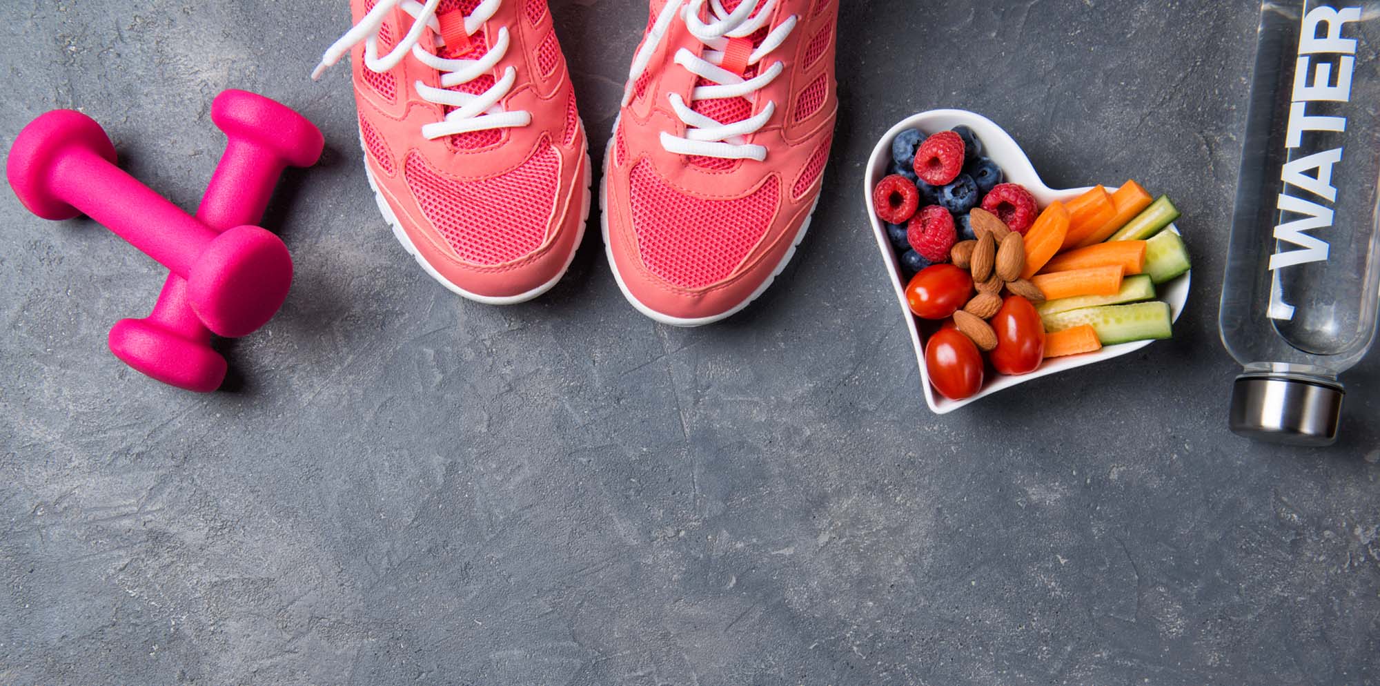 Healthy food, water and running image