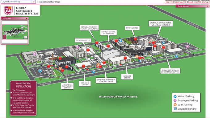 Screenshot of an interactive campus map for Loyola University Medical Center