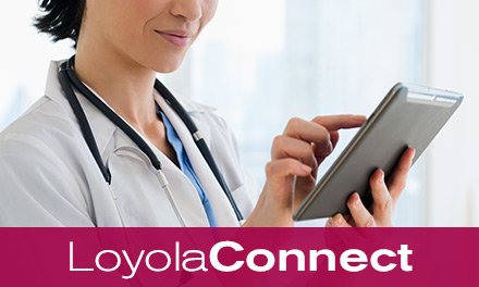 Physician on tablet with LoyolaConnect logo beneath